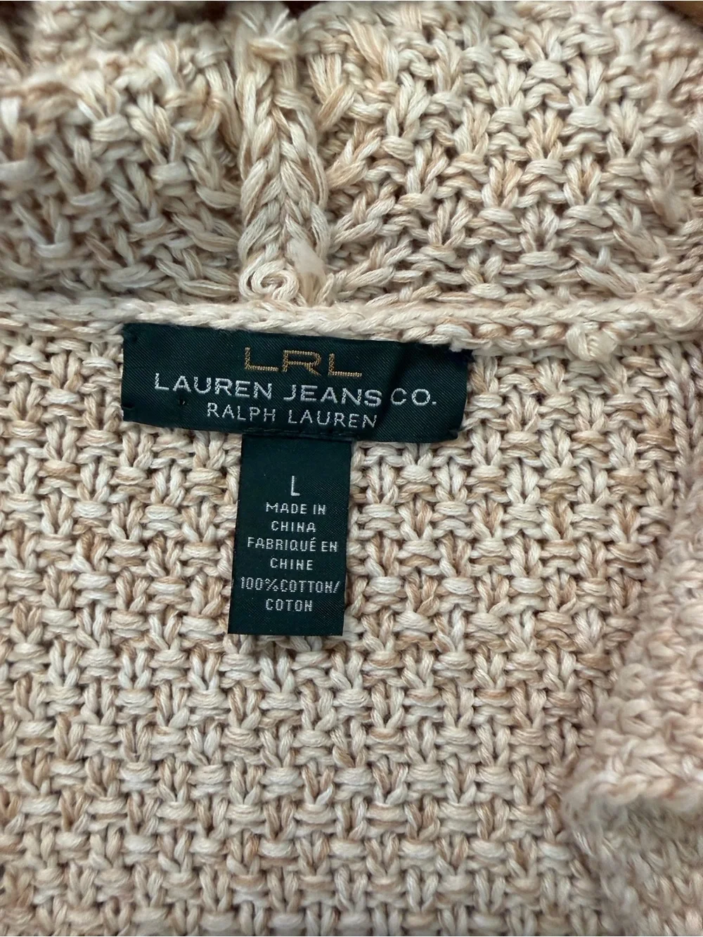 Lauren Ralph Lauren Cream Heather Cable-Knit V-Neck Hoodie Sweater Cotton LG - Picture 6 of 12